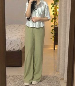 Striped Crop Shirt & Wide Leg Pants Set