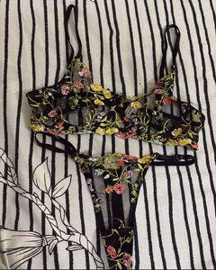 Embroidered Black Bra &amp; Thong Set