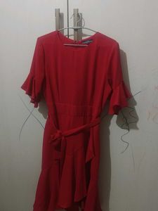 Elegant Red Ruffle Sleeve Wrap Dress