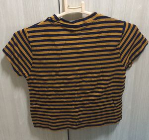 NEW Striped T-Shirt Top Nuon Brand In Mustard Brown and Navy Blue Stripes