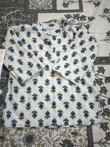 White Kurta Set with Blue Floral Print