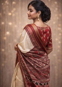 Elegant Cream &amp; Red Silk Saree