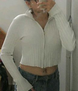 White Ribbed Zip-Up Sweater