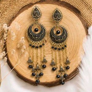 Antique Gold Jhumka Earrings with Black Beads