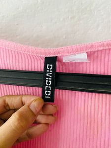 Pink Ribbed Square Neck Puff Sleeve Top