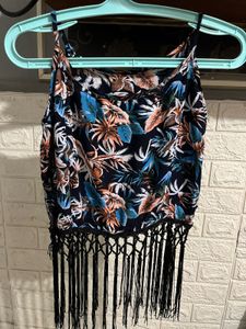 Boho Tropical Print Fringe Cami Top