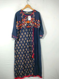Navy Blue Embroidery Casual Kurta (Women's)