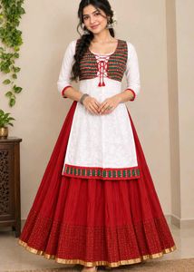 Red Skirt with White Kurti & Jacket Set