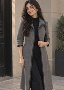 Vintage Grey Herringbone Longline Coat | Black Lin
