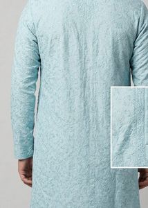Men's Blue Embroidered Kurta with Stole