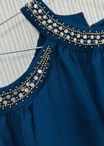 Beaded Cold Shoulder Blue Top