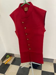 Manyavar Red Nehru Jacket with Gold Buttons