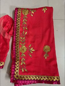 pink Rajasthani Ghota patti Saree With Stich Blou