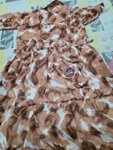 Brown Watercolor Frill Dress with Belt