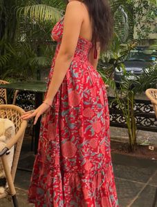 Red Floral Print Halter Neck Dress