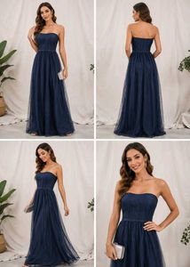 Elegant Navy Blue Strapless Tulle Gown