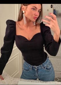 Black Puff Sleeve Sweetheart Neck Top