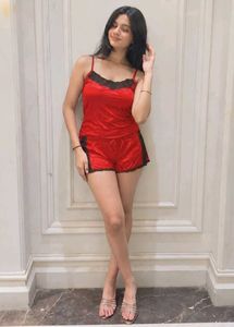 Red Satin Pajama Set with Black Lace