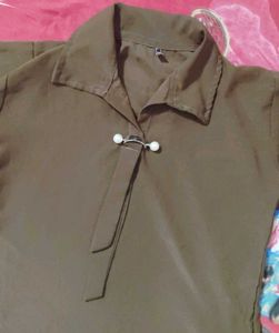 Brown Collared Button Detail Top