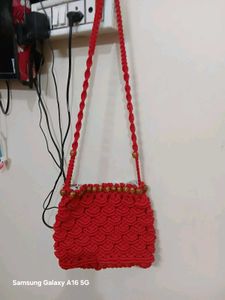 Red Macrame Sling Bag with Beads