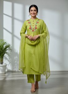 Floral Embroidered Lime Green Kurta set