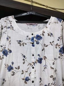 White Kurta with Blue Floral Print