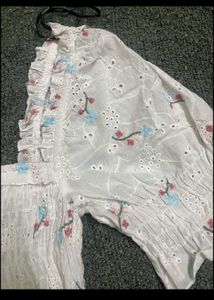 White Smocked Crop Top with Floral Print