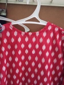 Red Colour Ikkat Frock With High Neck Bell Sleeves