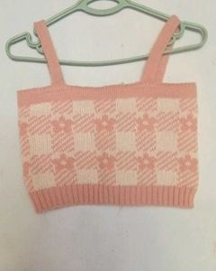 Pink Checkered Knit Crop Top