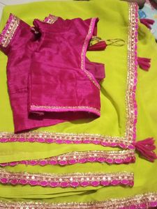 Vibrant Lime Green Saree with Pink Blouse