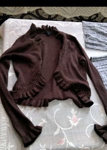 Brown Ruffle Cardigan with Embellishments