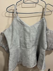 Light Blue Lace Cold Shoulder Top