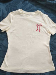 Cute White T-Shirt with Pink Bow Graphic