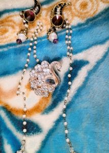 Pearl Chain Earring Eith Peacock Ring 💍💗