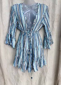 439. Blue Striped Ruffle Mini Dress