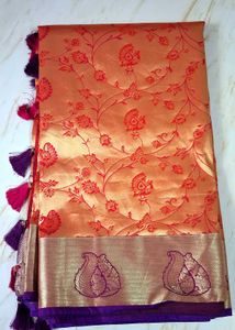 Elegant Orange &amp; Red purple border Silk Saree