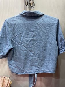 Denim Crop Shirt with Tie-Front