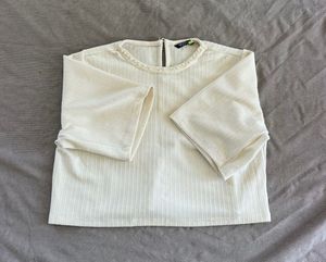 Cream Cropped Top with Flare Sleeves