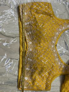 Stunning Yellow Embroidered Drape Skirt Choli Set