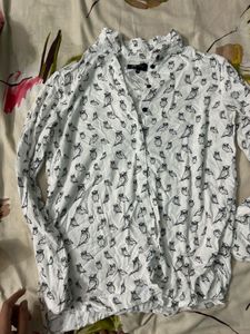 White Owl Print Button-Up Shirt
