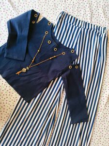 Navy Blue Striped Kurta Set with Necklace