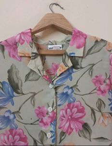 Floral Print Short Sleeve Button-Up Top
