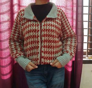 Houndstooth Zip-Up Knit Jacket