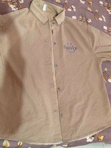 Trendy Beige Shirt with Smile Embroidery