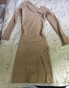 Chic Beige Long Sleeve Midi Dress