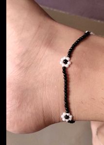 Black Beaded anklet with Flower Charms