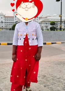 sleeveless Red Kurta Set with white coat