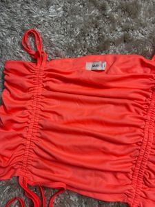 Neon Orange Ruched Drawstring Crop Top