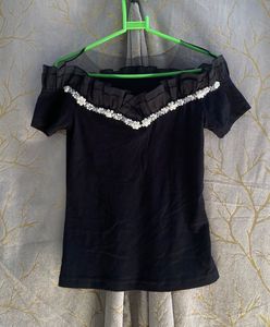 Chic Off-Shoulder Embellished Black Top