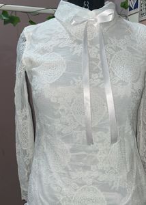 Elegant White Lace Top with Ribbon